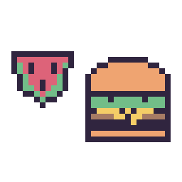 Pixel art Pastèque simple 12 × 12 et Burger kawaii 16 × 16, grille 32 × 32