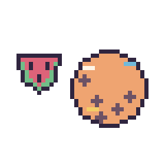Pixel art Pastèque simple 12 × 12 et Cookie décoré, grille 40 × 40