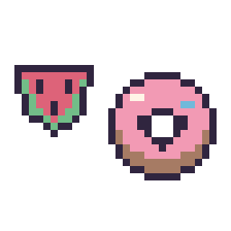Pixel art Pastèque simple 12 × 12 et Donut kawaii 16 × 16, grille 32 × 32