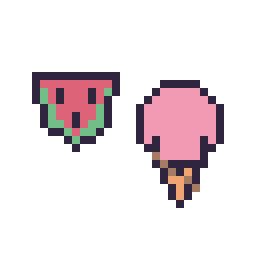 Pixel art Pastèque simple 12 × 12 et Glace kawaii 16 × 16, grille 32 × 32