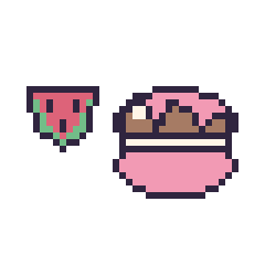 Pixel art Pastèque simple 12 × 12 et Macaron au chocolat, grille 40 × 40