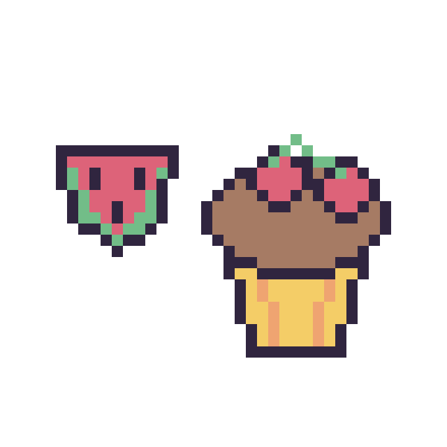 Modèle de pixel art Pastèque simple 12 × 12 et Muffin avec des cerises sur une grille de 40 par 40 cases