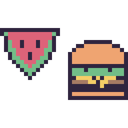 Pixel art Pastèque simple 16 × 16 et Burger kawaii 16 × 16, grille 32 × 32
