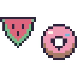 Pixel art Pastèque simple 16 × 16 et Donut kawaii 16 × 16, grille 32 × 32