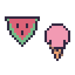 Pixel art Pastèque simple 16 × 16 et Glace kawaii 16 × 16, grille 32 × 32