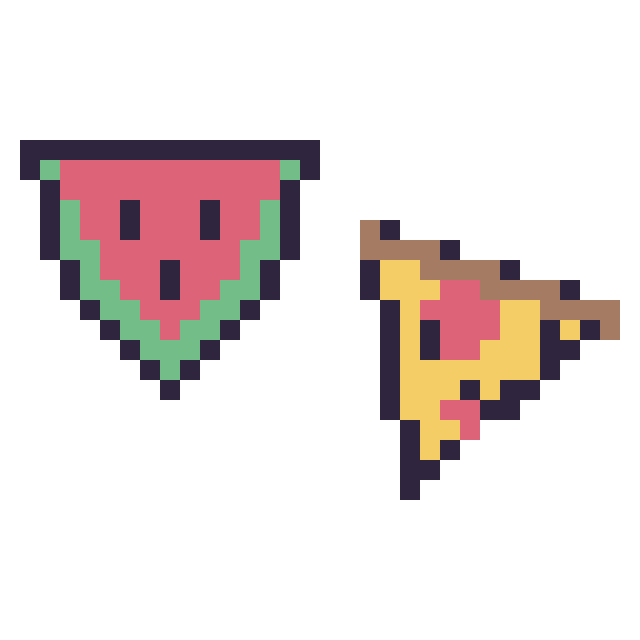 Modèle de pixel art Pastèque simple 16 × 16 et Pizza kawaii 16 × 16 sur une grille de 32 par 32 cases