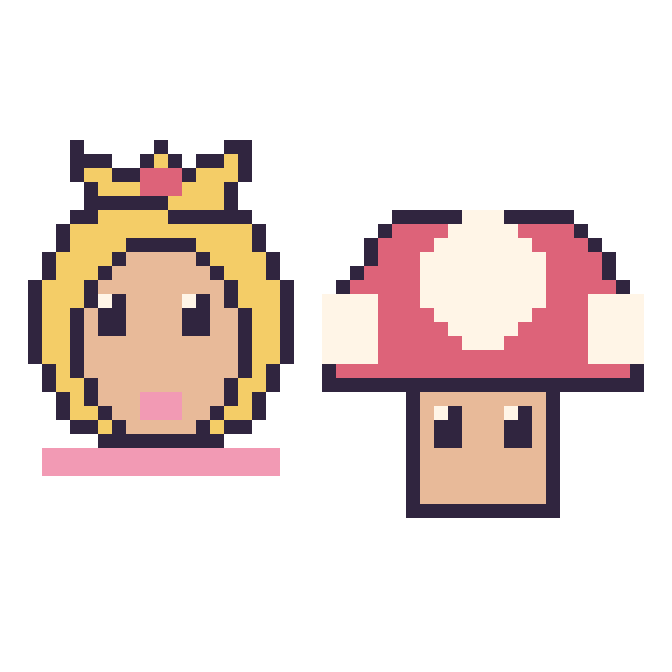 Modèle de pixel art Princesse Peach et Champignon Mario sur une grille de 48 par 48 cases