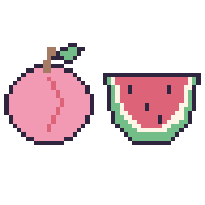 Modèle de pixel art Pêche et Pastèque sur une grille de 48 par 48 cases
