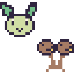 Pixel art Phyllali mini et Doduo mini, grille 32 × 32