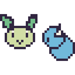 Pixel art Phyllali mini et Lokhlass mini, grille 32 × 32
