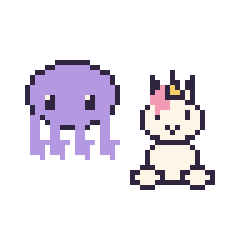 Pixel art Pieuvre et Licorne assis, grille 48 × 48