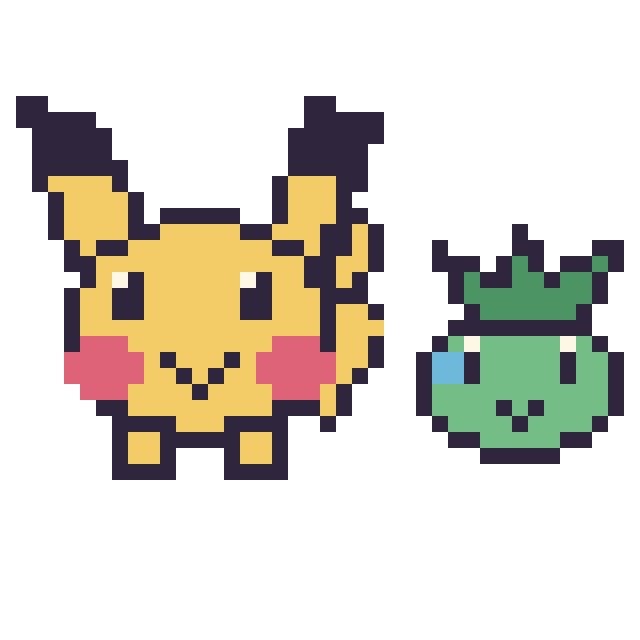 Modèle de pixel art Pikachu et Bulbizarre mini sur une grille de 40 par 40 cases