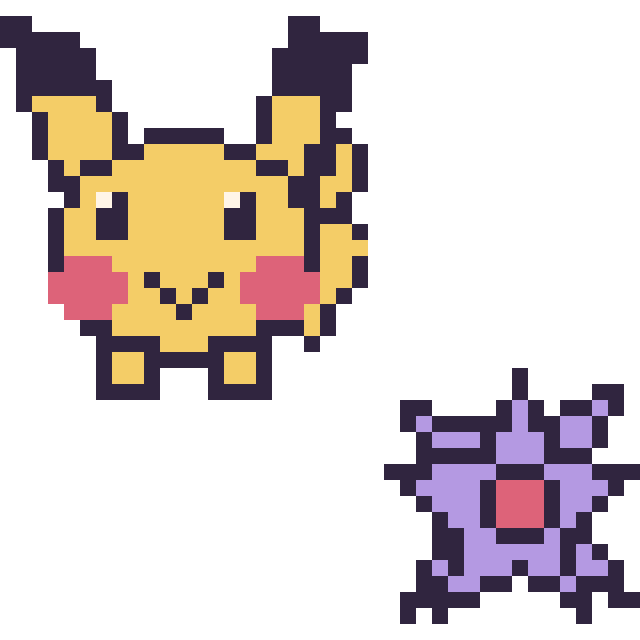 Modèle de pixel art Pikachu et Staross mini sur une grille de 40 par 40 cases