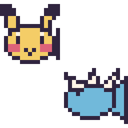 Pixel art Pikachu mini et Aquali mini, grille 32 × 32