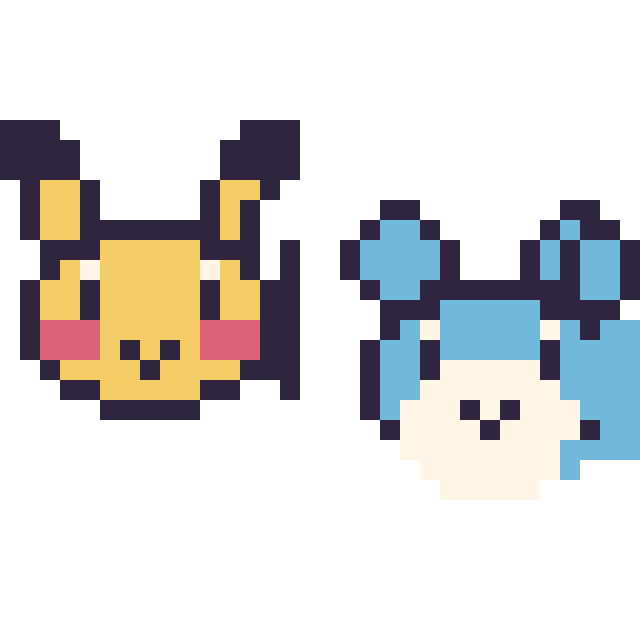 Modèle de pixel art Pikachu mini et Azurill mini sur une grille de 32 par 32 cases