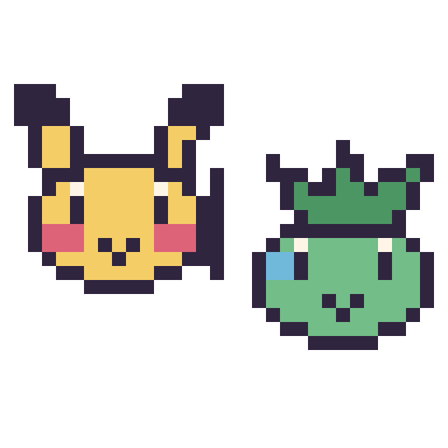 Modèle de pixel art Pikachu mini et Bulbizarre mini sur une grille de 32 par 32 cases