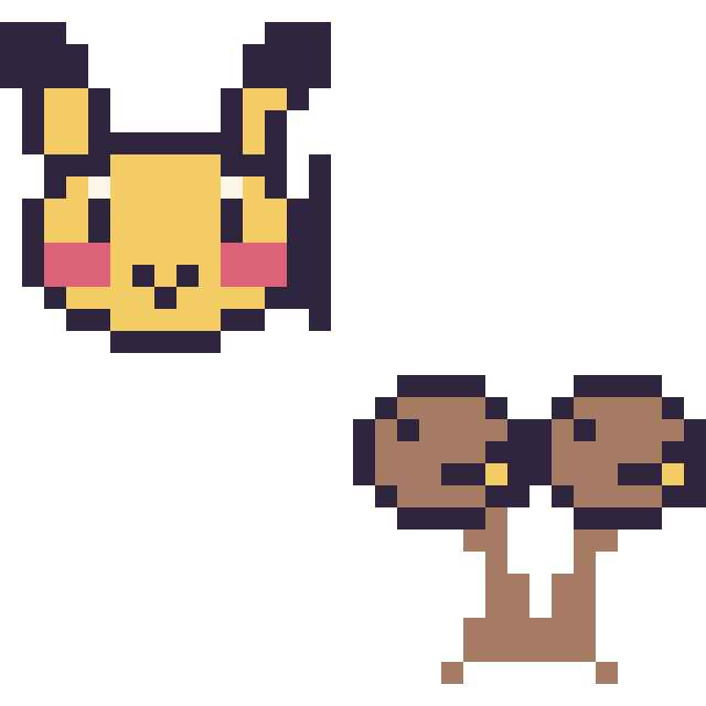 Modèle de pixel art Pikachu mini et Doduo mini sur une grille de 32 par 32 cases