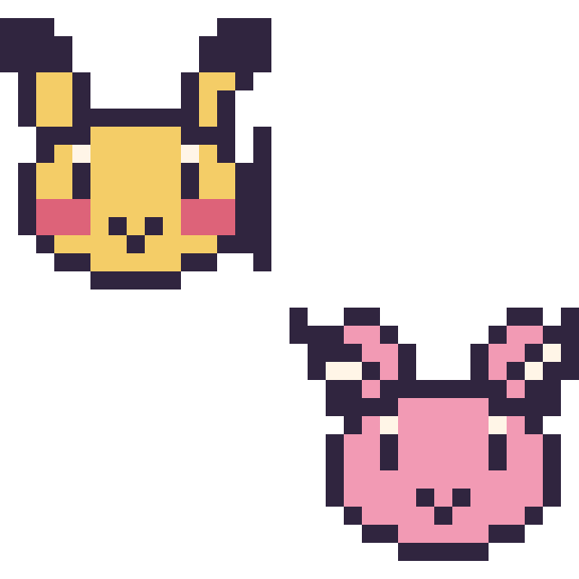 Modèle de pixel art Pikachu mini et Écrémeuh mini sur une grille de 32 par 32 cases
