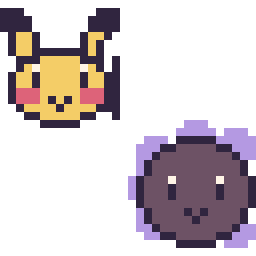Pixel art Pikachu mini et Fantominus mini, grille 32 × 32