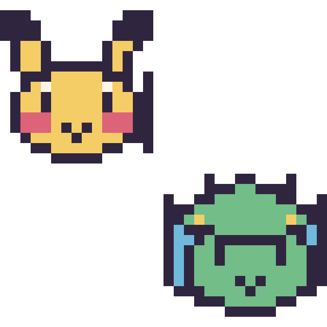 Modèle de pixel art Pikachu mini et Fantyrm mini sur une grille de 32 par 32 cases