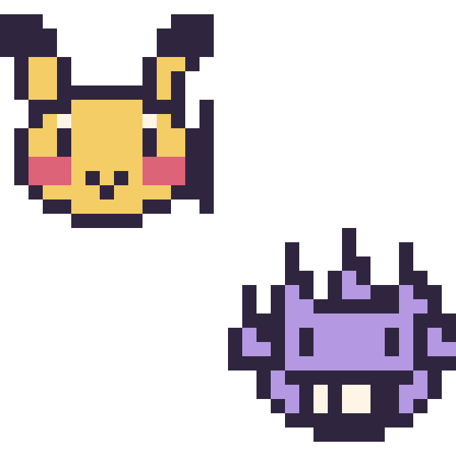 Modèle de pixel art Pikachu mini et Ectoplasma mini sur une grille de 32 par 32 cases