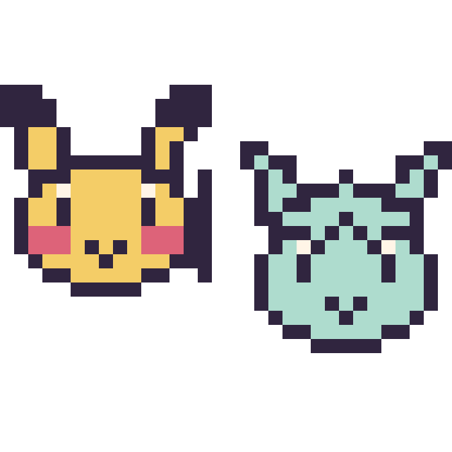 Modèle de pixel art Pikachu mini et Givrali mini sur une grille de 32 par 32 cases