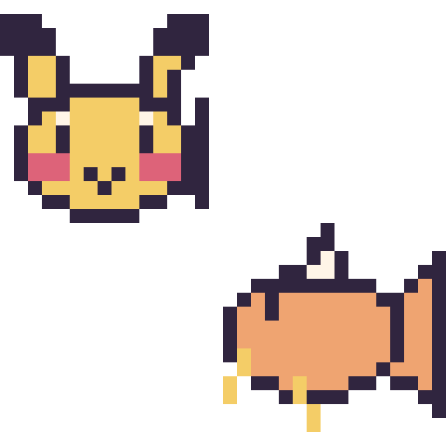 Modèle de pixel art Pikachu mini et Magicarpe mini sur une grille de 32 par 32 cases