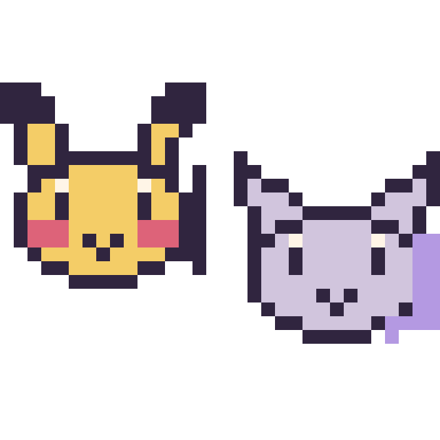 Modèle de pixel art Pikachu mini et Mewtwo mini sur une grille de 32 par 32 cases