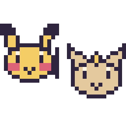 Pixel art Pikachu mini et Miaouss mini, grille 32 × 32