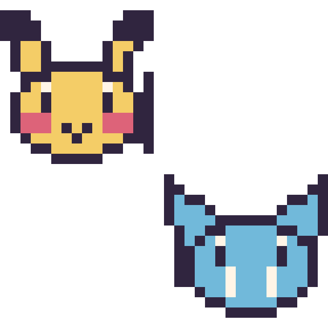 Modèle de pixel art Pikachu mini et Nosferapti mini sur une grille de 32 par 32 cases