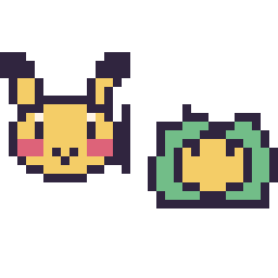 Pixel art Pikachu mini et Nucléos mini, grille 32 × 32