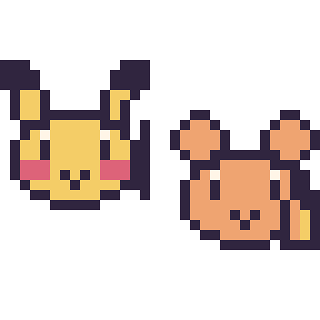 Modèle de pixel art Pikachu mini et Ouisticram mini sur une grille de 32 par 32 cases