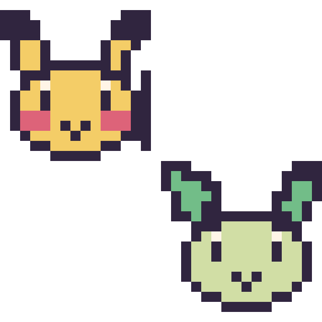 Modèle de pixel art Pikachu mini et Phyllali mini sur une grille de 32 par 32 cases