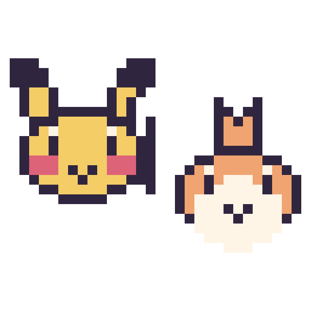 Modèle de pixel art Pikachu mini et Poussifeu mini sur une grille de 32 par 32 cases
