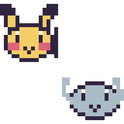 Pixel art Pikachu mini et Racaillou mini, grille 32 × 32