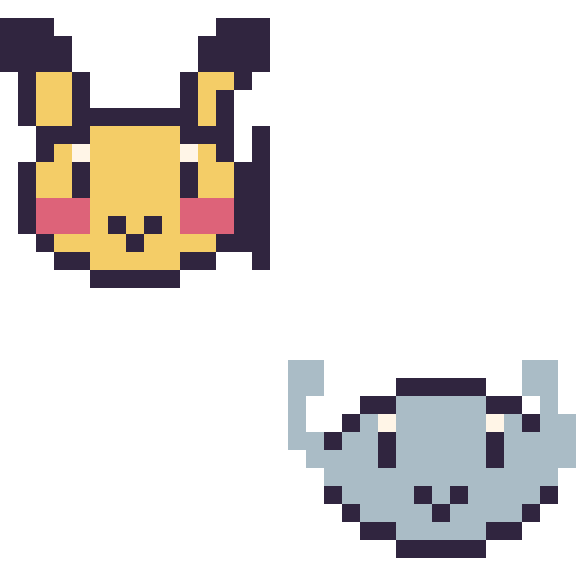 Modèle de pixel art Pikachu mini et Racaillou mini sur une grille de 32 par 32 cases