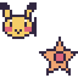 Pixel art Pikachu mini et Stari mini, grille 32 × 32