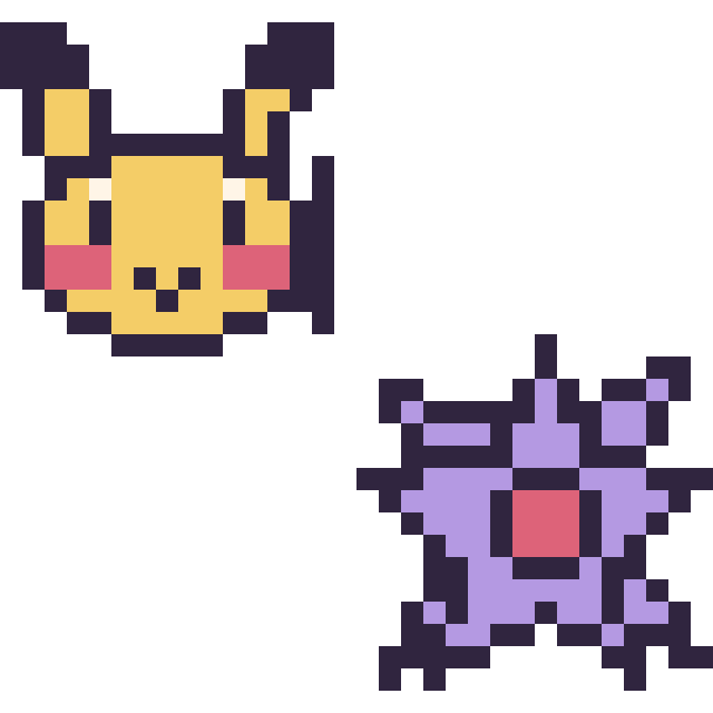 Modèle de pixel art Pikachu mini et Staross mini sur une grille de 32 par 32 cases