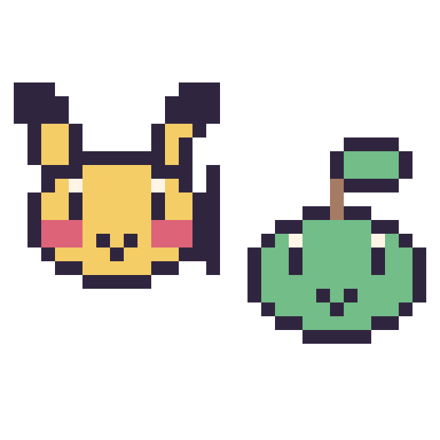 Modèle de pixel art Pikachu mini et Tortipouss mini sur une grille de 32 par 32 cases