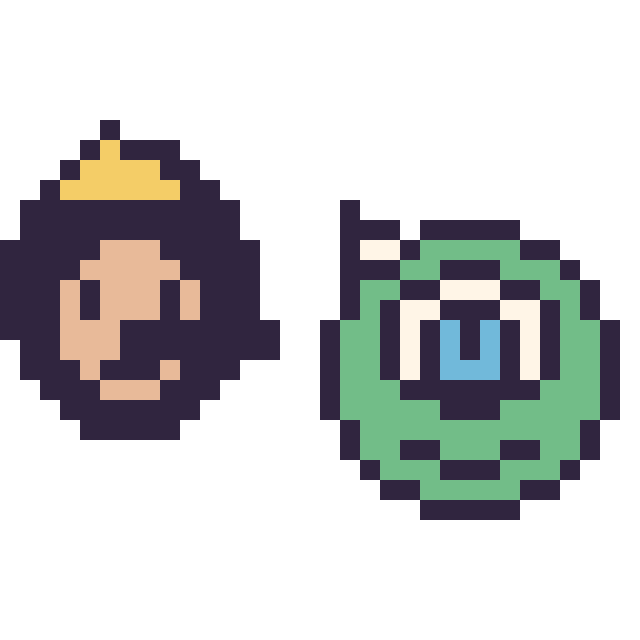 Modèle de pixel art Pinocchio mini et Bob Razowski mini sur une grille de 32 par 32 cases