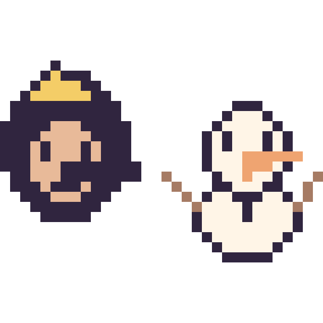 Modèle de pixel art Pinocchio mini et Olaf mini sur une grille de 32 par 32 cases