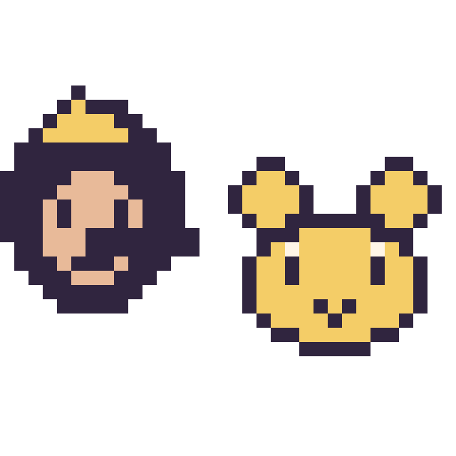Modèle de pixel art Pinocchio mini et Winnie l’ourson mini sur une grille de 32 par 32 cases