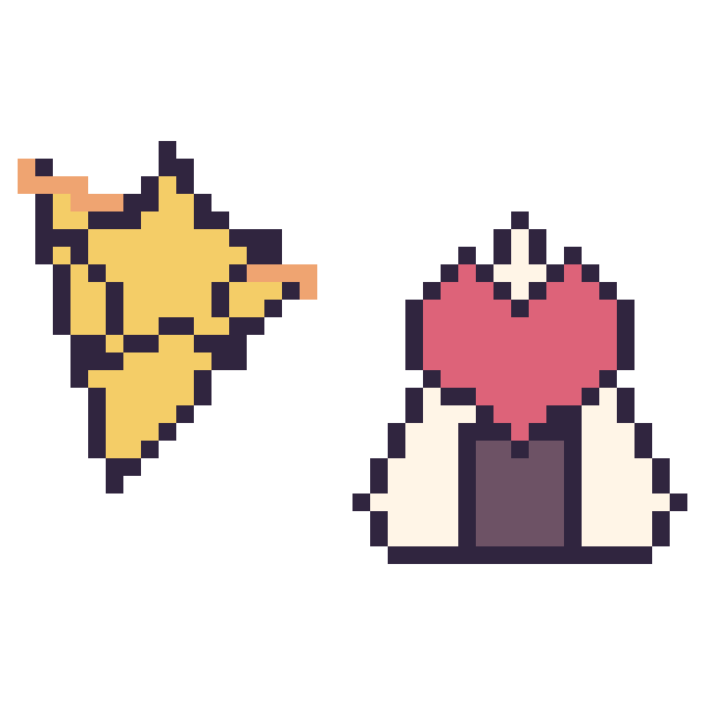 Modèle de pixel art Pizza avec une étoile et Onigiri avec un cœur sur une grille de 40 par 40 cases