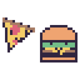 Pixel art Pizza kawaii 16 × 16 et Burger kawaii 16 × 16, grille 32 × 32