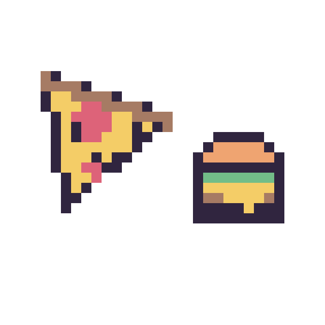 Modèle de pixel art Pizza kawaii 16 × 16 et Burger simple 10 × 10 sur une grille de 32 par 32 cases