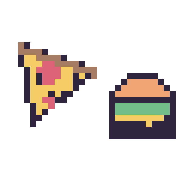 Modèle de pixel art Pizza kawaii 16 × 16 et Burger simple 12 × 12 sur une grille de 32 par 32 cases