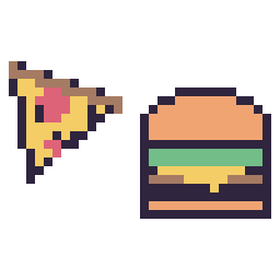 Pixel art Pizza kawaii 16 × 16 et Burger simple 16 × 16, grille 32 × 32