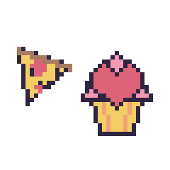 Pixel art Pizza kawaii 16 × 16 et Cupcake avec un cœur, grille 40 × 40