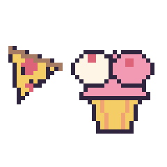 Pixel art Pizza kawaii 16 × 16 et Cupcake double garniture, grille 40 × 40