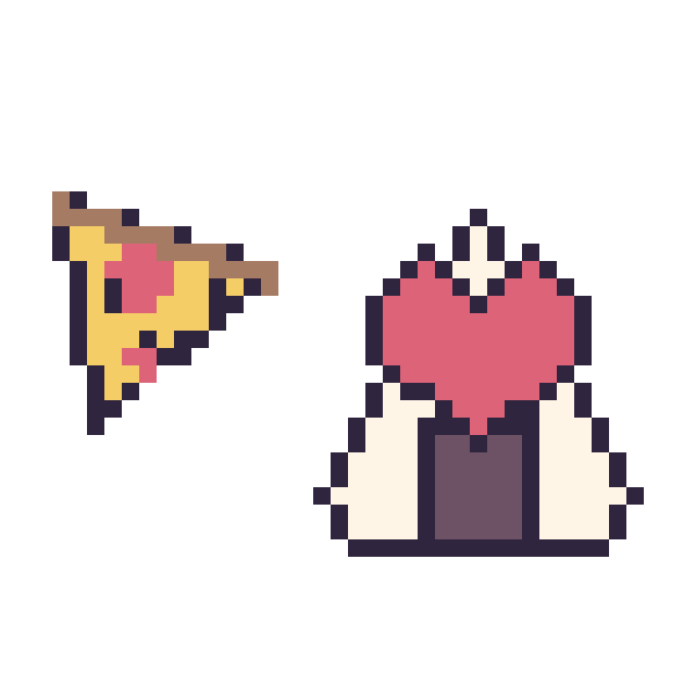 Modèle de pixel art Pizza kawaii 16 × 16 et Onigiri avec un cœur sur une grille de 40 par 40 cases